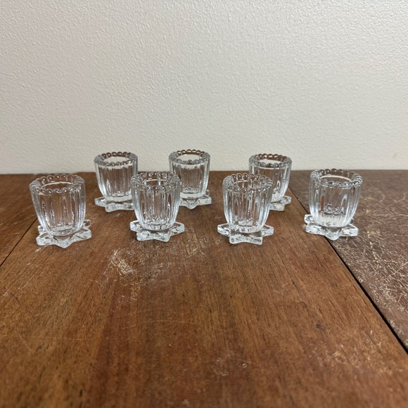 American Vintage Other - Vintage Set 7 Pressed‎ Glass Star Base Scalloped Edge Candle holder Salt Cellar